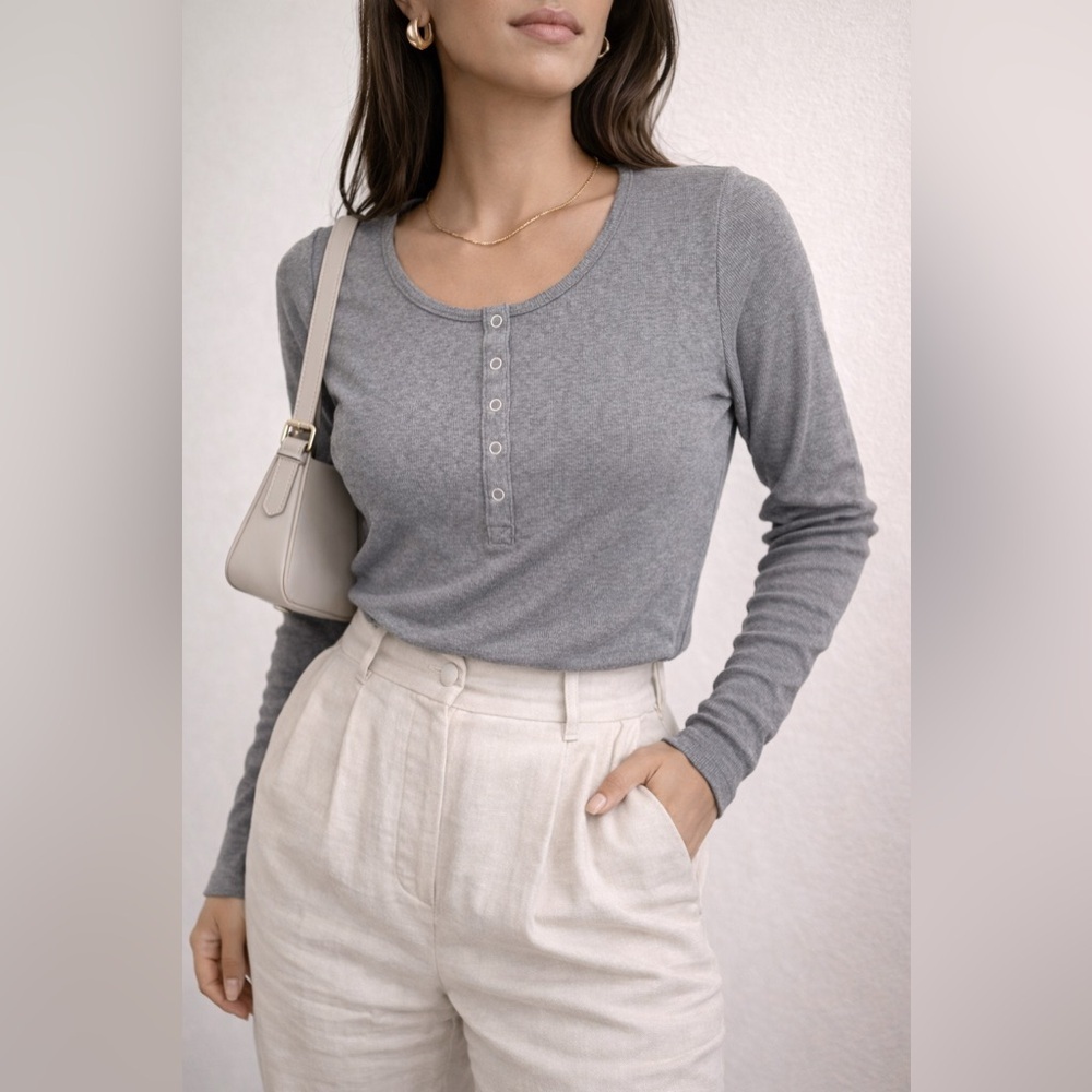Banana Republic Ribbed Henley Top Grey Long Sleeve Snap Button Stretch L
